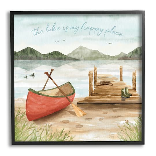 Stupell Industries Lake's My Happy Place Phrase Boat Dock Landscape Framed Wall Art